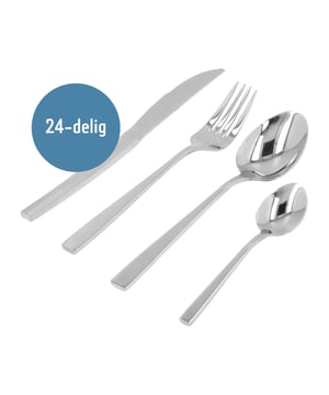 Schitterend bestek voor elke maaltijd Deze Krumble 24 delige bestekset in het zilverkleurig is een opvallende verschijning op je eettafel. Het volledig zilverkfleurige bestek is gemaakt van staal en heeft een stijlvolle, opvallende en moderne uitstraling. Het mooie design is een mooie toevoeging aan elke gedekte tafel. In deze bestekset zit voldoende bestek voor zes personen. Met een vork, mes, grote en kleine lepel per persoon beleven jullie een heerlijke maaltijd.  Specificaties Merk: Krumble Bestekset 24 delig Geschikt voor zes personen Gemaakt van staal In volledig zilverkleurig design Vork, lepel, mes en dessertlepel Afmetingen: Vork: 3 x 20 centimeter Grote lepel: 5 x 20 centimeter Mes: 2 x 23 centimeter Kleine lepel: 3 x 14 centimeter Gewicht per 4 stuks: 230 gram  Aan een mooie tafel eet het fijner Een mooi gedekte tafel maakt van elke maaltijd iets speciaals. Dit zilverkleurige bestek is geschikt voor elke gelegenheid. Of je nou gezellig met je gezin aan tafel zit of dat jullie gasten ontvangen, dit bestek maakt jouw gedekte tafel helemaal af. Combineer het met mooie andere tafelaccessoires en geniet van een heerlijke maaltijd.Materiaal: StaalKleur: ZilverAfmetingen: Hoogte: 2CM x breedte: 4.5CM x Lengte: 23.5CM