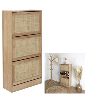 
Met deze schoenenkast met 3 lades berg je schoenen netjes en overzichtelijk op. Door het frontpaneel van rattan een echte eyecatcher. Het design doet daardoor oosterns aan; het valt in de Bohemian woonstijl. Ideaal als je liever je schoenen uit het zicht hebt in bijvoorbeeld de hal, slaapkamer of andere ruimtes. Hij is voorzien van drie afzonderlijke opbergvakken. Omdat dit schoenenrek ten opzichte van de andere schoenenkasten uit deze range ca. 30 cm diep is. En belangrijk is dat er een achterkant aan de kast zit zodat je niet direct naar de muur kijkt als hij open is.De serie Bali bestaat uit meerdere items in gelijke stijl. Hierdoor kun je een complete set combineren. Bv een dressoir of ladekast, side table en nachtkastje.Een perfect ontworpen schoenenkast voor plaatsing tegen de wand om netjes en overzichtelijk je schoenen op te bergen. Deze schoenenkast heeft 3 afzonderlijk te openen vakken waarin je schoenen kunt opbergen. Hoogte opbergvak 35 cm en diepte opbergvak 22 cm. Afmetingen kast: hoog 113 cm x breed 60 cm x diep 24 cm.  Levering is inclusief duidelijke montagehandleiding.Kenmerken schoenenkast Bali:Afmetingen:  24x 60  x 113 cm (lxbxh)Kleur: BruinGelamineerd spaanplaat, gecombineerd met hout en rattan frontpaneelVoorzien van achterwandEenvoudig en snel te monterenGewicht: 19,3 kg (20,5 incl verpakking)Verpakkingsafmeting:  33 x 12 x 120 cmGeschikt voor 15-18 paar schoenenAndere items in de serie Bali8720572203174        -        Side Table Bali met Rattan voorzijde 29x100x81 cm - Gangtafel - Bruin8720572203242        -        Dressoir Bali met Rattan voorzijde - Buffetkast 29x115x70 cm - Bruin8720572203259        -        Ladekast Bali met Rattan voorzijde - Buffetkast 90x39x79 cm - Bruin8720572203266        -        4goodz Bali Nachtkastje Vierkant met lade 39x39x55 cm Bohemian Bruin8720572206816        -        Schoenenkast Bali 3 lades 24x60x113 cm - voor 18 paar - Bruin8720572206823        -        Wastafelonderkast Bali - 30x60x70 cm - Bruin8720572206830        -        Hoge Badkamerkast Bali - Kolomkast Hout Panelen 30x40x160 cm - Bruin - Afmeting: - Kleur: Bruin - Materiaal: Hout