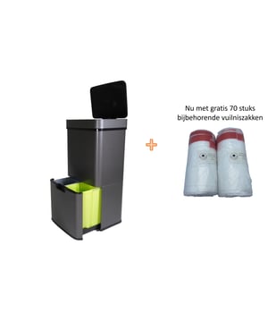 
4cookz® RVS Smart Waste afvalscheidingsprullenbak met sensor met een inhoud van 72 liter in de kleur mat Grijs. Gecombineerd met 70 bijpassende transparante vuilniszakken voor het bovenste vak. Dit wordt doorgaans voor plastic-PMD gebruikt en hier kunnen de gratis vuilniszakken in van de gemeente, of dit type sterke transparantie zakken. Door de mat grijze uitvoering in combinatie met de RVS rand van de deksel is het een heel mooi strak design. Ben je op zoek naar een mooie en doordachte afvalemmer voor een betaalbare prijs? Dan zit je goed met deze afvalemmer van 4cookz®. Deze stalen afvalemmer met sensor waardoor hij open en dicht gaat zonder dat je hem hoeft aan te raken. Hij is voorzien van een speciale coating waar je geen vingers er op ziet. Een prachtige aanvulling in je keuken, maar ook praktisch!De bovenste klep is te openen zonder hem aan te raken. Door de sensor kun je hem openen als je handen vol zijn, dus dat is ideaal. Hij opent als je binnen 20 cm van de bovenkant deksel ben en hij sluit 5 seconde nadat er geen beweging meer is. Maar je kunt natuurlijk ook op een knopje drukken om hem open en dicht te doen. Je vindt in dit bovenste compartiment een ruimte van 47 liter, waar je de vuilniszak in een ring in hangt en een klein inzet afvalbakje van 4 liter.Deze kun je eenvoudig uit de emmer nemen om ergens los te gebruiken en in de prullenbak te deponeren. Het is juist ook een handige om tijdens het koken te gebruiken als compostbakje. Je kunt het kleine afvalbakje natuurlijk ook opbergen in de onderste afvallade.Onder in de afvalemmer vind je een tweede afval ruimte, deze is verwerkt in een handige lade welke wielen heeft om makkelijk open te gaan en heeft een inhoud van 25 liter. Deze ruimte is voorzien van 2 uitneembare emmers om bijvoorbeeld papier, plastic of compost te scheiden. Ook kan je deze ruimte benutten om bijvoorbeeld uw afvalzakken in te bewaren samen of schoonmaakmiddelen. Zo maak je van de afvalemmer een handige opberger. De afvalemmer is voorzien van een greep, zodat u deze eenvoudig kunt verplaatsen.Kenmerken 4cookz® Smart Waste Grey Afvalscheidingsprullenbak met sensorAfmetingen: 32 x 42 x 82,5  cmTotaal capaciteit: 72 literUitneembaar inzetbakje met deksel voor groente afvalAutomatische opening en sluiten door sensorSoft close dekselKleur: mat GrijsGewicht netto 8,8 kgWerkt op 6 AA batterijen (niet meegeleverd)Let op: sensor prullenbakken werken niet met oplaadbare batterijen. Die hebben nl een lagere spanning.Bovenste compartiment is geschikt voor zakken d.m.v ophanging in een ringlet op: De prullenbak is voorzien van een beschermfolie als hij wordt geleverd. Deze moet u dus eraf halen als hij geleverd wordt. Gecombineerd met 70 universele Vuilniszakken voor afvalscheidingsprullenbakken twv € 29,95Afval scheiden is goed voor het milieu: papier, glas, plastic, groente, we houden het tegenwoordig allemaal gescheiden.. Het scheiden van afval kan echter leiden dat overal in huis stapeltjes, zakjes of dozen met verschillende soorten afval bijgehouden wordt. Komt dit je bekend voor? Dan is dit dé afvalemmer voor jou! De Smart Waste afvalemmer van 4cookz® is de ultieme oplossing. De binnen bakken zijn eenvoudig uit te nemen en kunnen zo ook goed schoongemaakt worden.OnderhoudDe containers zijn makkelijk uit te nemen en te legen. De afvalemmers van hebben een anti-vinger afdruk coating waardoor je niet snel vette vingers ziet. De afvalbak is makkelijk te reinigen met warm water en schoonmaakmiddel.4cookz® - plezier aan koken4cookz® staat voor alles voor de kok: Of het nou gaat om een simpele oventhermometer, prullenbak of een mooie luxe Kamado BBQ, plezier aan koken krijg je met goede spullen. Als je gewoon functioneel moet koken voor het gezin, houdt van uitgebreid koken als hobbykok of als je professioneel als kok bezig bent, 4cookz® heeft een breed scala aan mooie kook tools.  4cookz® is onderdeel van 4Goodz, een Nederlandse importeur van diverse productgroepen waaronder kook spullen. Het staat voor kwaliteit, trends en innoverende producten en technieken en constante vernieuwing. - Afmeting: - Kleur: Grijs - Materiaal: Aluminium