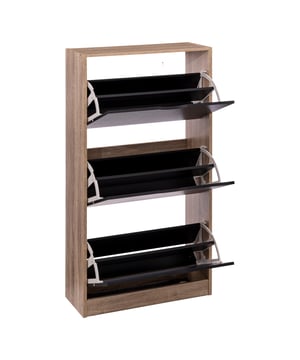 
Met deze schoenenkast met 3 lades berg je schoenen netjes en overzichtelijk op. Ideaal als je liever je schoenen uit het zicht hebt in bijvoorbeeld de hal, slaapkamer of andere ruimtes. Hij is voorzien van drie afzonderlijke opbergvakken. Omdat dit schoenenrek ten opzichte van de andere schoenenkasten uit deze range 30 cm diep is kunnen hier net wat grotere en hogere schoenen in worden opgeborgen.Een perfect ontworpen schoenenkast voor plaatsing tegen de wand om netjes en overzichtelijk je schoenen op te bergen. Deze schoenenkast heeft 3 afzonderlijk te openen vakken waarin je schoenen kunt opbergen. Hoogte opbergvak 35 cm en diepte opbergvak 22 cm. Afmetingen kast: hoog 118 cm x breed 60 cm x diep 24 cm.  Levering is inclusief duidelijke montagehandleiding.Kenmerken 4goodz schoenenkast 3 lades:Afmetingen:  24x60x119 cm (lxbxh)Kleur: Zwart / BruinGelamineerd Eenvoudig en snel te monterenGewicht: 19,3 kg (20,5 incl verpakking)Verpakkingsafmeting:  37 x 10 x 120 cmGeschikt voor 18 paar schoenenOptioneel muurmontageOm te voorkomen dat het product kantelt, moet het met een muur worden gebruikt. Gebruik alleen schroeven en pluggen geschikt voor het wandmateriaal om ervoor te zorgen dat de bevestigingsmiddelen bestand zijn tegen de gegenereerde krachten.  Muurmontage is niet bijgeleverd, omdat we niet weten in wat voor wand het gemonteerd wordt. Voor advies over geschikt wandbeslag, neemt u contact op met de een doe het zelf winkel bij u in de buurt.  - Afmeting: - Kleur: Bruin - Materiaal: Spaanplaat