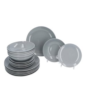 
18 Delig servies van aardewerk. Moderne lichtgrijze kleurstelling met een goede glazuring. Door het moderne design is het servies tijdloos en wat anders dan een standaard wit servies. De set bestaat uit 6 diepe borden, 6 grote borden en 6 ontbijtbordjes. Het servies is vaatwasser en magnetron geschikt.Kenmerken:Materiaal: aardewerkgeschikt voor magnetron en vaatwasser6 platte borden6 soepborden6 dessertbordenGewicht: 9.65 kgGewicht van het product : 720 g - 315 g - 339 gKleur: glimmend lichtgrijsBordafmetingen: dinerbord: D. 26 cm dessertbord: D. 20 cm diep bord: D. 20 cm - Afmeting: - Kleur: Grijs - Materiaal: Aardewerk