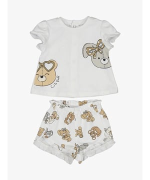 
Schattige baby set van Baby Mayoral. Set is verkrijgbaar vanaf maar 62 t/m maar 86. Meisje set bestaat uit een korte kort met all over print met beren en een schattige t-shirt ook met beren print.