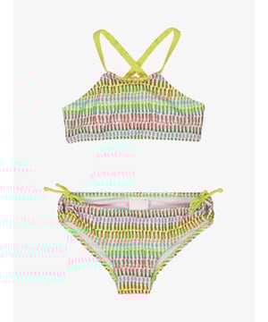 
kinder bikini voor meisje van Mayoral in een all over print met o.a. de kleuren lime groen, fuchsia, blauw en oranje