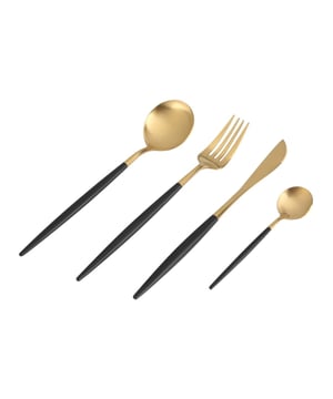 4 persoon bestekset, 16 delig uitgevoerd in goud met zwarte kleur met mat afwerking. Gemaakt van RVS dus degelijke kwaliteit. Deze set bevat: 4 vorken + 4 messen + 4 soeplepels + 4 theelepels. Goud is één van de trendkleuren van dit moment en zeker niet alleen weggelegd voor de 'rich and famous'. De kleur is goed te combineren met heel veel kleuren , ook in je tafelsetting. Zeker bij moderne gekleurde donkere borden staat het erg mooi. Maar ook basis wit servies komt extra tot zijn recht met dit bestek. Wil je tijdens je diner de tafel mooi gedekt hebben? Dan hoort er ook chique bestek op tafel.  Goud is weer helemaal terug van weg geweest. Het geeft een luxe gevoel en kleed je tafel meteen extra aan. Deze set is geschikt voor vier personen. Tip: Houd de set extra lang mooi door hem schoon te maken met een handwas. Het bestek mag in de vaatwasser, maar handwas wordt aanbevolen. Vaatwasser tabletten zijn vaak wat agressiever. MATERIAAL: RVS ONDERHOUDSVOORSCHRIFTEN: Geschikt voor in de vaatwasser. 40C of lager. -Vermijd schuursponsjes, bleekmiddel en het gebruik van soda. -Gebruik na het afwassen een zachte doek om je bestek af te drogen. KLEUR: Goudkleurig Zwart AFMETING: Mes: 22x2cm / 5mm / 85g Eetlepel: 21,6 x 4.2cm / 2.5mm / 61.5g Vork: 22 x 2.6cm / 2.5mm / 46g Koffielepel: 14.6 x 3cm / 2.2mm / 28,3g Merk: CASA DI ELTURO Materiaal: RVS Kleur: Goud