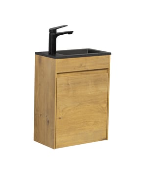 
Toiletmeubel Sinta inclusief onderkast en zwarte wastafel.Dit fonteinmeubel is zeer geschikt voor zowel kleine als grotere toiletruimtes en is bedoeld om extra ruimte te creëren.De wastafelkast is gemonteerd en heeft een naar rechts draaiende deur. Deze draairichting kan niet worden aangepast. De wastafel kan wel in de gewenste richting geplaatst worden. Een afvoer kan enkel via de muurzijde van de wastafelkast worden gemonteerd omdat de onderkant vast de wastafelkast dicht is. Toiletmeubel Sinta is met soft-close sluiting afgesteld en wordt geleverd inclusief bevestigingsmateriaal, maar zonder kraan, afvoerplug of sifon.Kenmerken- Compleet toiletmeubel met wastafelkast met witte wastafel.- Veel bergruimte in de wastafelkast- De wastafel wordt geleverd met overloop- Gemonteerd in de verpakking- Inclusief montagemateriaal- Gemaakt van hoogwaardige kwaliteit MDF met fineerlaag- Afgesteld met soft-close Merk: Badplaats Kleur: Eiken