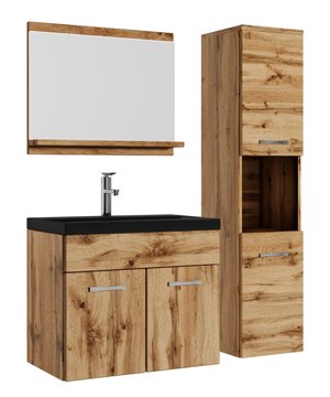 
Badkamermeubel set Montreal inclusief zwarte wastafel en spiegel en kolomkast. Deze set geeft iedere badkamer, groot of klein, extra bergruimte en een moderne en luxe uitstraling. De deuren van de kolomkast kunnen tijdens montage linksdraaiend of rechtsdraaiend geplaatst worden. Vanwege zijn strakke afwerking is het meubel gemakkelijk schoon te maken. De set is uitgevoerd in eiken en is gemakkelijk te monteren. De kast is gemaakt van spaanplaat en de wastafel van kunstmarmer.Afmetingen (b x d x h)Onderkast met wastafel: 60 x 35 x 51 cmSpiegel: 60 x 12 x 50 cmBadkamerkast: 30 x 30 x 131 cmKenmerken- De wastafelkast en kolomkast uitgevoerd met twee deuren- Het badkamermeubel is aan de muurzijde volledig open voor het aansluiten van de afvoer- De onderkant is volledig gesloten- Geen afvoerplug, sifon of kraan inbegrepen- Inclusief overloop set- Zonder soft close sluiting Merk: Badplaats Kleur: Eiken