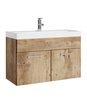 
Badkamermeubel set Paso inclusief onderkast en wastafel. Vanwege zijn strakke afwerking is het meubel gemakkelijk schoon te maken. De set is uitgevoerd in kastanje eiken en is gemakkelijk te monteren.Kenmerken- Wastafelkast gemaakt van spaanplaat- Wastafel gemaakt van kunstmarmer- De wastafelkast is uitgevoerd met twee deuren- Het badkamermeubel is aan de muurzijde volledig open voor het aansluiten van de afvoer- De onderkant is volledig gesloten- Wordt als bouwpakket geleverd- Montagematerialen inbegrepen- Geen afvoerplug, sifon of kraan inbegrepen- Inclusief overloop set- Gemaakt van spaanplaat met fineerlaag- Zonder soft-close sluitingAfmetingen (b x d x h)Wastafelkast: 80 x 40 x 55 cmVerpakking en montageBadkamermeubel Paso 01 is verpakt in 1 doos. Bevestigingsmateriaal voor het ophangen van de verschillende delen Merk: Badplaats Kleur: Eiken