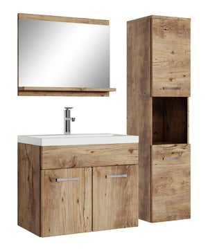 
Badkamermeubel set Montreal inclusief wastafel en spiegel en kolomkast. Deze set geeft iedere badkamer, groot of klein, extra bergruimte en een moderne en luxe uitstraling. De deuren van de kolomkast kunnen tijdens montage linksdraaiend of rechtsdraaiend geplaatst worden. Vanwege zijn strakke afwerking is het meubel gemakkelijk schoon te maken. De set is uitgevoerd in kastanje eiken en is gemakkelijk te monteren. De kast is gemaakt van spaanplaat en de wastafel van kunstmarmer.Afmetingen (b x d x h)Onderkast met wastafel: 60 x 35 x 51 cmSpiegel: 60 x 12 x 50 cmBadkamerkast: 30 x 30 x 131 cmKenmerken- De wastafelkast en kolomkast uitgevoerd met twee deuren- Het badkamermeubel is aan de muurzijde volledig open voor het aansluiten van de afvoer- De onderkant is volledig gesloten- Geen afvoerplug, sifon of kraan inbegrepen- Inclusief overloop set- Zonder soft close Merk: Badplaats Kleur: Eiken
