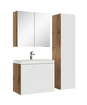 
Badkamermeubel set Malta inclusief wastafel, spiegelkast en kolomkast. Deze set geeft iedere badkamer, groot of klein, extra bergruimte en een moderne en luxe uitstraling. De deuren van de kolomkast kunnen tijdens montage linksdraaiend of rechtsdraaiend geplaatst worden. Vanwege zijn strakke afwerking is het meubel gemakkelijk schoon te maken. De set is uitgevoerd in eiken met hoogglans wit en is gemakkelijk te monteren. De kasten zijn gemaakt van spaanplaat en de wastafel van kunstmarmer.Afmetingen (b x d x h)Onderkast met wastafel: 60 x 35 x 52 cmSpiegelkast: 60 x 20 x 57 cmBadkamerkast: 30 x 30 x 160 cmKenmerken- De wastafelkast, spiegelkast en kolomkast uitgevoerd met twee deuren- Het badkamermeubel is aan de muurzijde volledig open voor het aansluiten van de afvoer- De onderkant is volledig gesloten- Geen afvoerplug, sifon of kraan inbegrepen- Inclusief overloop set- Merk: Badplaats Kleur: Wit, Eiken