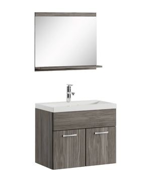 
Badkamermeubel set Montreal inclusief wastafel en spiegel. Deze set geeft iedere badkamer, groot of klein, extra bergruimte en een moderne en luxe uitstraling. Vanwege zijn strakke afwerking is het meubel gemakkelijk schoon te maken. De set is uitgevoerd in grijs eiken en is gemakkelijk te monteren. De kast is gemaakt van spaanplaat en de wastafel van kunstmarmer.Afmetingen (b x d x h)Onderkast met wastafel: 60 x 35 x 51 cmSpiegel: 60 x 12 x 50 cmKenmerken- De wastafelkast is uitgevoerd met twee deuren- Het badkamermeubel is aan de muurzijde volledig open voor het aansluiten van de afvoer- De onderkant is volledig gesloten- Geen afvoerplug, sifon of kraan inbegrepen- Inclusief overloop set- Zonder soft close sluitingVerpakking en montageHet badkamermeubel Montreal 02 is verpakt in 1 doos. Bevestigingsmateriaal voor het ophangen van de Merk: Badplaats Kleur: Grijs eiken