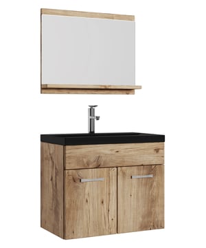 
Badkamermeubel set Montreal inclusief zwarte wastafel en spiegel. Deze set geeft iedere badkamer, groot of klein, extra bergruimte en een moderne en luxe uitstraling. Vanwege zijn strakke afwerking is het meubel gemakkelijk schoon te maken. De set is uitgevoerd in kastanje eiken en is gemakkelijk te monteren. De kast is gemaakt van spaanplaat en de zwarte wastafel van kunstmarmer.Afmetingen (b x d x h)Onderkast met wastafel: 60 x 35 x 51 cmSpiegel: 60 x 12 x 50 cmKenmerken- De wastafelkast is uitgevoerd met twee deuren- Het badkamermeubel is aan de muurzijde volledig open voor het aansluiten van de afvoer- De onderkant is volledig gesloten- Geen afvoerplug, sifon of kraan inbegrepen- Inclusief overloop set- Zonder soft close sluitingVerpakking en montageHet badkamermeubel Montreal 02 is verpakt in 1 doos. Bevestigingsmateriaal voor het Merk: Badplaats Kleur: Eiken