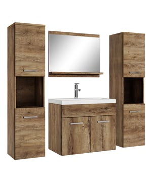 
Badkamermeubel set Montreal XL inclusief wastafel en spiegel en twee kolomkasten. Deze set geeft iedere badkamer, groot of klein, extra bergruimte en een moderne en luxe uitstraling. De deuren van de kolomkasten kunnen tijdens montage linksdraaiend of rechtsdraaiend geplaatst worden. Vanwege zijn strakke afwerking is het meubel gemakkelijk schoon te maken. De set is uitgevoerd in bruin eiken en is gemakkelijk te monteren. De kast is gemaakt van spaanplaat en de wastafel van kunstmarmer.Afmetingen (b x d x h)Onderkast met wastafel: 60 x 35 x 51 cmSpiegel: 60 x 12 x 50 cmBadkamerkast: 30 x 30 x 131 cmKenmerken- De wastafelkast en kolomkasten uitgevoerd met twee deuren- Het badkamermeubel is aan de muurzijde volledig open voor het aansluiten van de afvoer- De onderkant is volledig gesloten- Geen afvoerplug, sifon of kraan inbegrepen- Inclusief overloop set- Zonder soft close Merk: Badplaats Kleur: Bruin eiken