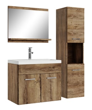 
Badkamermeubel set Montreal inclusief wastafel en spiegel en kolomkast. Deze set geeft iedere badkamer, groot of klein, extra bergruimte en een moderne en luxe uitstraling. De deuren van de kolomkast kunnen tijdens montage linksdraaiend of rechtsdraaiend geplaatst worden. Vanwege zijn strakke afwerking is het meubel gemakkelijk schoon te maken. De set is uitgevoerd in bruin eiken en is gemakkelijk te monteren. De kast is gemaakt van spaanplaat en de wastafel van kunstmarmer.Afmetingen (b x d x h)Onderkast met wastafel: 60 x 35 x 51 cmSpiegel: 60 x 12 x 50 cmBadkamerkast: 30 x 30 x 131 cmKenmerken- De wastafelkast en kolomkast uitgevoerd met twee deuren- Het badkamermeubel is aan de muurzijde volledig open voor het aansluiten van de afvoer- De onderkant is volledig gesloten- Geen afvoerplug, sifon of kraan inbegrepen- Inclusief overloop set- Zonder soft close sluiting Merk: Badplaats Kleur: Bruin eiken