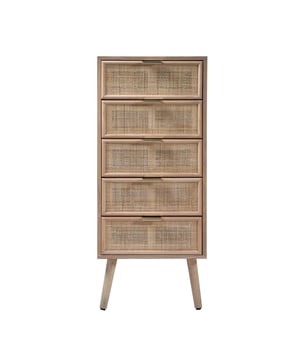 
De CaliCosy MIYA ladekast: stijlvol opbergen met een natuurlijk tintje! Deze compacte kast biedt vijf ruime lades, perfect voor het netjes organiseren van kleding, accessoires of andere spullen. De prachtige rotan fronten geven de MIYA een unieke, warme uitstraling die perfect past in diverse interieurstijlen, van modern tot landelijk. Creëer een gezellige en georganiseerde sfeer in je slaapkamer, woonkamer of hal met deze veelzijdige ladekast. De combinatie van duurzaam MDF en massief grenen poten zorgt voor een stevige constructie en een natuurlijke touch. Het rotan, een snelgroeiend en duurzaam materiaal, voegt een vleugje bohemian charme toe. De MIYA is niet alleen functioneel, maar ook een echte blikvanger die je interieur verrijkt. De compacte afmetingen maken hem ideaal voor kleinere ruimtes, zonder in te leveren op opbergcapaciteit. Productnaam Ladekast met 5 lades MIYA Merk CaliCosy Type Dressoir/Ladekast Afmetingen diepte: 36,5 cm, breedte: 42 cm, hoogte: 100,5 cm Materiaal Lades: MDF met natuurlijke rotan voorkant, poten: massief grenen Kleur Natuurlijk/Lichtbruin Aantal lades 5 Gewicht (netto) 20 kg Gewicht (bruto) 21,5 kg Afmetingen verpakking Lengte: 86 cm, hoogte: 20 cm, diepte: 41 cm Montage Zelfmontage Onderhoud Afnemen met een vochtige doek