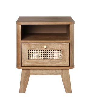 
Nachtkastje met 1 lade met rotan front en een open vak, perfect om een natuurlijke en elegante toets aan je slaapkamer toe te voegen. De metalen knoppen bieden een modern contrast, terwijl de structuur van 3 cm dikke honingraatpanelen met afgeronde randen zorgt voor een nette en duurzame afwerking. Productkenmerken : 1 lade met rotan front en 1 open vak. Hoofdmateriaal: Spaanplaat + Rotan vlechtwerk. Productafmetingen : Productafmetingen: Lengte 39 cm x Breedte 39 cm x Hoogte 49 cm. Nettogewicht: 11,4 kg. Pakketafmetingen : Enkel pakket: Lengte 54 cm x Hoogte 17,4 cm x Breedte 46,2 cm. Bruto gewicht: 12 kg.  Merk: CaliCosy Kleur: Wooden Effect