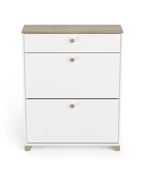 
Ontdek onze Schoenenkast met 2 neerklapbare deuren en 1 lade, eiken kronberg en wit decor - L80,8 cm. Ideaal voor het inrichten van uw entree, deze schoenenkast stelt u in staat om uw schoenen discreet op te bergen. De lade biedt ruimte voor het opbergen van spullen of accessoires zoals sleutels en andere items. Dankzij het handige formaat past het in elk interieur, of het nu groot of klein is. Het eigentijdse ontwerp past bij elke interieurstijl. Productkenmerken: Eiken kronberg en wit decor. Gemaakt van 15 mm spaanplaat. 1 lade (bruikbare afmetingen: 74,3 x D 18,7 x H 8,6 cm): Max. belasting 2 kg. 2 neerklapbare deuren met interne opbergruimte voor 12 paar schoenen. Knopvormige handgrepen van plastic. Trapeziumvormige plastic poten. Rechte rand van 17 mm. Zelf te monteren. Voor huishoudelijk gebruik. Productafmetingen: Lengte 80,8 cm x Breedte 24,4 cm x Hoogte 104,3 cm - Nettogewicht: 23,54 kg. Afmetingen van het pakket: Pakket nr. 1: Lengte 50,5 cm x Hoogte 11,3 cm x Diepte 109,7 cm - Bruto gewicht: 25 kg. Merk: CaliCosy Kleur: White