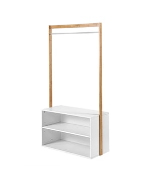 
Deze garderobe van bamboe geeft uw entree een natuurlijk en trendy tintje. U kunt er jassen, tassen en sjaals in ophangen. Het zal er geweldig uitzien in uw huis of kantoor en zal perfect zijn om uw schoenen of andere meubelstukken op te hangen. Kenmerken van de kledingkast met opbergruimteMateriaal: bamboe, melamine panelen Afmetingen: 90 x 40 x 171 cm Gewicht: 20,2 kg Merk: CaliCosy Kleur: White