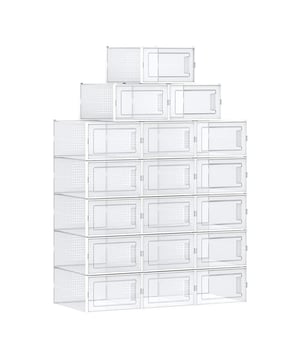 
Productkenmerken: Set van 18 stapelbare, opvouwbare en veelzijdige schoenenopbergboxen. U kunt ze zowel in bundels monteren om in een kast te plaatsen, als horizontaal op een plank te plaatsen. Transparante plastic met witte randen. Afmetingen van de doos: Breedte 35 cm x Diepte 25 cm x Hoogte 18,5 cm. Interne afmetingen van de doos: Breedte 31 cm x Diepte 24,5 cm x Hoogte 17,5 cm. Productafmetingen: Breedte 25,2 cm x Lengte 35 cm x Hoogte 19 cm - Nettogewicht: 8 kg. Afmetingen van de verpakking: Breedte 29 cm x Hoogte 31,5 cm x Diepte 42 cm - Brutogewicht: 7,5 kg. Merk: CaliCosy Kleur: White