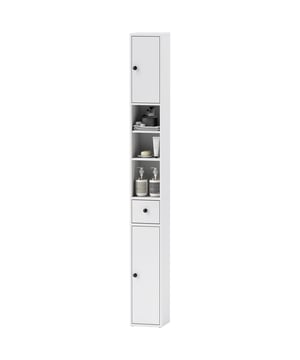 
Benut uw ruimte optimaal met de hoge badkamerkast van Homcom. Ideaal voor smalle ruimtes, biedt deze compacte kast veel opbergruimte door twee gesloten vakken, een lade en drie open vakken. De verstelbare schappen maken het organiseren gemakkelijker en zorgen ervoor dat alles zijn eigen plek vindt in dit smalle opbergmeubel. Daarnaast zorgt de kantelbeveiliging voor verhoogde veiligheid.Omschrijving:· Gesloten en open vakken houden uw badkamer netjes en georganiseerd· Twee verstelbare schappen passen de opbergruimte aan uw behoeften aan· Slank, maar hoog ontwerp past goed in smalle badkamers· Anti-kantelbeslag verhoogt veiligheid en stabiliteit· Antislip voetkussens voorkomen krassen op de vloer· Melamine gecoate en gelakte oppervlakken garanderen een gemakkelijke reiniging· Hoogwaardige scharnieren en praktische knoppen voor moeiteloos deuropening· Montage vereistTechnische specificaties:· Kleur: Wit· Materialen: Spaanplaat, MDF· Totale afmetingen: 20B x 20D x 178H cm· Kast Binnenafmeting: 17,5B x 19D x 39,3H cm (boven), 17,5B x 19D x 60H cm (onder)· Open vakgrootte: 17,5B x 18,5D cm· Lade Binnenafmeting: 12,5B x 14,7D x 8,5H cm· Draagvermogen: 40 kg (totaal), 5 kg (plank/lade) - Afmeting: - Kleur: Wit - Materiaal: Houten materiaal