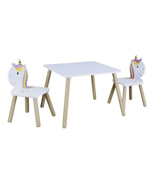 
Leuke peuter tafel en stoelen. Dit tafeltje met de bijpassende stoelen past precies bij de kinderkamer. Robuust en stabiel met afgeronde randen. Het grote tafelblad biedt veel speelruimte. Dankzij het unicorn thema passen de kleine meubels goed in de kleurrijkste kinderkamer.Gemaakt van FSC-gecertificeerd mdf en ook gecertificeerd dennenhout voor de poten. Voor de oppervlaktebehandeling zijn uitsluitend veilig geteste verven gebruikt, dus veilig voor uw kind.Kindertafel met twee stoelen:Dit tafeltje met de bijpassende stoelen past precies bij de kinderkamer.Ideaal inzetbaar als tekentafel voor kinderenRobuust en stabiel met afgeronde randenAfmetingen tafel: breedte 55 cm, hoogte 45 cm, diepte 55 cmAfmetingen stoel: breedte 28 cm, hoogte 49 cm, diepte 28 cmRobuust en stabielGemaakt van FSC-gecertificeerd mdf, wit geverfd Poten gemaakt van FSC-gecertificeerd Grenen hout, met decoratieve houtfolieEenvoudige montage, montage-instructies binneninGroot tafelblad voor veel speelruimteDecoratie niet meegeleverd (kleurpotloden, kaartspel)Aanbevolen maximale stoelbelasting: 30 kgAanbevolen maximale tafelbelasting: 40 kg - Afmeting: - Kleur: Bruin - Materiaal: MDF