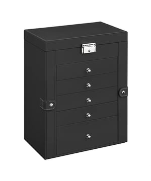 
Productkenmerken: Gemaakt van MDF, PU-leer (kunstleer), glas en fluwelen stof. 5 opbergladen. 2 kleppen. Binnenste spiegel. Productafmetingen: Lengte 26 cm x Hoogte 32 cm x Diepte 15 cm - Nettogewicht: 3,1 kg. Verpakkingsafmetingen: Verpakking nr. 1: Hoogte 19 cm x Breedte 35 cm x Diepte 30 cm - Brutogewicht: 3,8 kg. Merk: CaliCosy Kleur: Black
