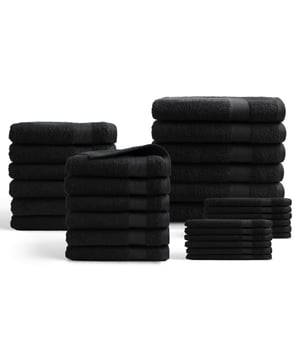 
Met dit 30 delige set Hotel Collectie geweven van 100% hoogwaardige katoen, bereik je dat luxe wellness-gevoel en geniet je van jouw kleur naar keuze!De doeken hebben een hoge absorptie hierdoor kunnen ze vocht makkelijk en snel opnemen. De doeken zijn voorzien van handige ophanglus, waardoor deze gemakkelijk aan een haakje op te hangen zijn.KleurenDe hotel serie zijn verkrijgbaar in de kleuren; antraciet, wit, licht grijs, zwart, turquoise aqua, roze, taupe, oker geel, klassiek blauw, lente groenMaterialen Deze handdoeken zijn gemaakt van hoogwaardige kwaliteit katoen (100%) en hebben een dikte van 500 gram per vierkante meter.WasvoorschriftenDe handdoeken kunnen gewassen worden tot 60 °C . De handdoeken moeten drogen op een lage temperatuur.Product specificaties:100% katoenWassen tot 60 gradenGram per vierkante meter: 500 g/m2Compleet 30 delig set bestaat uit: 6 badlakens, 12 handdoeken en 12 washandjesFormaat 6x 70x140cm, 12x 50x100 cm, 12x 16x21cmDrogen in de droger mits op een lage temperatuurBSCI - gecertificeerdOekotex - gecertificeerd - Afmeting: Set in diverse maten - Kleur: Zwart - Materiaal: Katoen