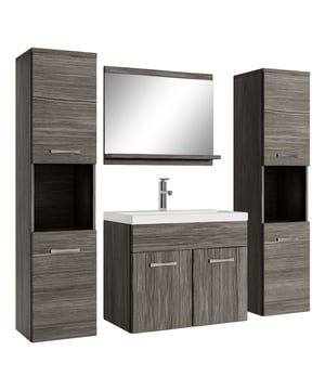 
Badkamermeubel set Montreal XL inclusief wastafel en spiegel en twee kolomkasten. Deze set geeft iedere badkamer, groot of klein, extra bergruimte en een moderne en luxe uitstraling. De deuren van de kolomkasten kunnen tijdens montage linksdraaiend of rechtsdraaiend geplaatst worden. Vanwege zijn strakke afwerking is het meubel gemakkelijk schoon te maken. De set is uitgevoerd in grijs eiken en is gemakkelijk te monteren. De kast is gemaakt van spaanplaat en de wastafel van kunstmarmer.Afmetingen (b x d x h)Onderkast met wastafel: 60 x 35 x 51 cmSpiegel: 60 x 12 x 50 cmBadkamerkast: 30 x 30 x 131 cmKenmerken- De wastafelkast en kolomkasten uitgevoerd met twee deuren- Het badkamermeubel is aan de muurzijde volledig open voor het aansluiten van de afvoer- De onderkant is volledig gesloten- Geen afvoerplug, sifon of kraan inbegrepen- Inclusief overloop set- Zonder soft close Merk: Badplaats Kleur: Grijs eiken