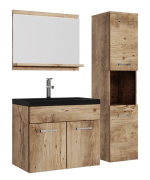 
Badkamermeubel set Montreal inclusief zwarte wastafel en spiegel en kolomkast. Deze set geeft iedere badkamer, groot of klein, extra bergruimte en een moderne en luxe uitstraling. De deuren van de kolomkast kunnen tijdens montage linksdraaiend of rechtsdraaiend geplaatst worden. Vanwege zijn strakke afwerking is het meubel gemakkelijk schoon te maken. De set is uitgevoerd in kastanje eiken en is gemakkelijk te monteren. De kast is gemaakt van spaanplaat en de wastafel van kunstmarmer.Afmetingen (b x d x h)Onderkast met wastafel: 60 x 35 x 51 cmSpiegel: 60 x 12 x 50 cmBadkamerkast: 30 x 30 x 131 cmKenmerken- De wastafelkast en kolomkast uitgevoerd met twee deuren- Het badkamermeubel is aan de muurzijde volledig open voor het aansluiten van de afvoer- De onderkant is volledig gesloten- Geen afvoerplug, sifon of kraan inbegrepen- Inclusief overloop set- Zonder soft close Merk: Badplaats Kleur: Eiken