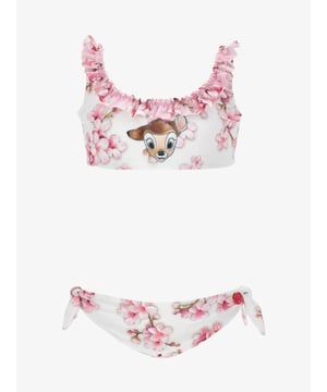 
De Monnalisa Bikini in de kleur Bianco uit de Bambi collectie heeft een roezel en bambi print. Het bikini topje is niet te verstellen, het broekje is wel te verstellen.