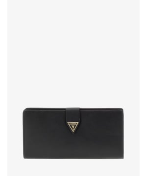 
De Guess Wallet Large in de kleur Zwart heeft een buitenkant van echt leer, sluiting met knoop en licht-goudkleurige metalen onderdelen. De portemonnee heeft een vakjes voor creditcards, muntenvak met rits en driehoeklogo van metaal op de voorkant.

Afmetingen 20,5x10,5x3 cm.