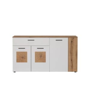 
Produktmerkmale: Sideboard mit 4 Türen, 1 Schublade und 3 Einlegeböden im Inneren. Hergestellt aus melaminbeschichteten Spanplatten in Mattweiß und hellem Eichenholz mit Holzapplikationen auf den Türen. Zerlegt geliefert, ohne Dekoration. Produktabmessungen: Länge 150 cm x Höhe 83 cm x Tiefe 42 cm - Nettogewicht: 52,99 kg. Paketabmessungen: Paket Nr. 1: Länge 193 cm x Höhe 48 cm x Tiefe 8 cm - Bruttogewicht: 31,5 kg. Paket Nr. 2: Länge 173 cm x Höhe 48 cm x Tiefe 8 cm - Bruttogewicht: 26 kg. Gesamtbruttogewicht: 57,5 kg.  Merk: CaliCosy Kleur: White
