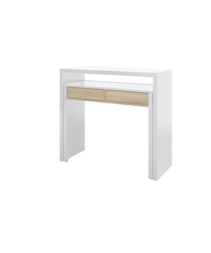 
Optimaliseer je leefruimte met deze slimme, uitschuifbare bureauconsole! Deze console is perfect voor kleine appartementen, studentenkamers of elke ruimte waar je flexibiliteit nodig hebt. In een handomdraai transformeer je de console van een compacte haltafel naar een volwaardig bureau met handige opbergruimte dankzij de twee laden. Ideaal voor studeren, werken of hobby's, en net zo makkelijk weer op te ruimen. Zo houd je je ruimte georganiseerd en stijlvol.De bureauconsole is vervaardigd uit hoogwaardig melamine en spaanplaat, wat zorgt voor een duurzame en stabiele constructie. Het wit arctic/Canadees eiken design geeft een moderne en frisse uitstraling die in elk interieur past. Het metalen onderstel zorgt voor extra stevigheid. De laden zijn voorzien van metalen geleiders en een "PUSH" openingssysteem, waardoor ze soepel openen en sluiten. Bovendien is de console eenvoudig te monteren en te onderhouden. De afmetingen van de lades zijn 39 x 29 x 8 cm, wat voldoende ruimte biedt voor je spullen.KleurWit Arctic / Canadees eikenMateriaalMelamine, Panelen van spaanplaat, MDF, MetaalHoogte87.5 cm / 88 cmBreedte98.5 cm / 99 cmLengte36 cm (gesloten) / 66-70 cm (geopend)Gewicht29.7 kg / 30.5 kgAantal lades2ZelfmontageJaAfmetingen lade (in cm)Binnen capaciteit: 39 x 29 x 8Type bar - tafelUitschuifbare consoleVormRechthoekigOnderhoudsadviesZeer eenvoudig schoon te maken met een zachte doekGarantie2 jaarOrigine de fabricationEuropa