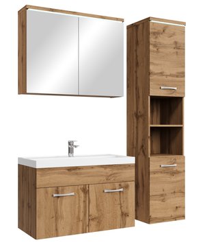 
Badkamermeubel set Paso inclusief, wastafel en spiegelkast en kolomkast. Vanwege zijn strakke afwerking is het meubel gemakkelijk schoon te maken. De set is uitgevoerd in eiken kleur en is gemakkelijk te monteren. De spiegelkast en de zijkast zijn uitgevoerd met LED verlichting.Kenmerken- Wastafelkast, spiegelkast en kolomkast gemaakt van spaanplaat- Wastafel gemaakt van kunstmarmer- Het badkamermeubel is aan de muurzijde volledig open voor het aansluiten van de afvoer- De onderkant is volledig gesloten- Wordt als bouwpakket geleverd- Montagematerialen inbegrepen- Geen afvoerplug, sifon of kraan inbegrepen- Inclusief overloop set- Gemaakt van spaanplaat met fineerlaag- Zonder soft-close sluitingAfmetingen (b x d x h)Wastafelkast: 80 x 40 x 55 cmSpiegelkast: 80 x 20 x 60 cmBadkamerkast: 35 x 35 x 160 cmVerpakking en Merk: Badplaats Kleur: Eiken