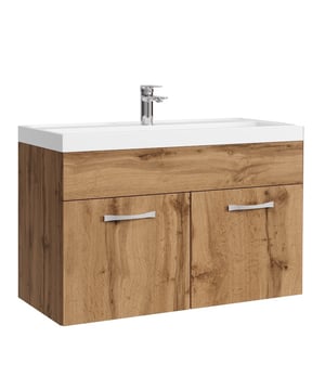 
Badkamermeubel set Paso inclusief onderkast en wastafel. Vanwege zijn strakke afwerking is het meubel gemakkelijk schoon te maken. De set is uitgevoerd in eiken kleur en is gemakkelijk te monteren.Kenmerken- Wastafelkast gemaakt van spaanplaat- Wastafel gemaakt van kunstmarmer- De wastafelkast is uitgevoerd met twee deuren- Het badkamermeubel is aan de muurzijde volledig open voor het aansluiten van de afvoer- De onderkant is volledig gesloten- Wordt als bouwpakket geleverd- Montagematerialen inbegrepen- Geen afvoerplug, sifon of kraan inbegrepen- Inclusief overloop set- Gemaakt van spaanplaat met fineerlaag- Zonder soft-close sluitingAfmetingen (b x d x h)Wastafelkast: 80 x 40 x 55 cmVerpakking en montageBadkamermeubel Paso 01 is verpakt in 1 doos. Bevestigingsmateriaal voor het ophangen van de verschillende delen is Merk: Badplaats Kleur: Eiken