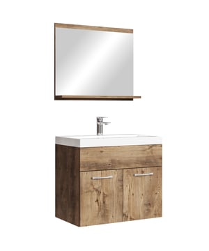 
Badkamermeubel set Montreal inclusief wastafel en spiegel. Deze set geeft iedere badkamer, groot of klein, extra bergruimte en een moderne en luxe uitstraling. Vanwege zijn strakke afwerking is het meubel gemakkelijk schoon te maken. De set is uitgevoerd in bruin eiken en is gemakkelijk te monteren. De kast is gemaakt van spaanplaat en de wastafel van kunstmarmer.Afmetingen (b x d x h)Onderkast met wastafel: 60 x 35 x 51 cmSpiegel: 60 x 12 x 50 cmKenmerken- De wastafelkast is uitgevoerd met twee deuren- Het badkamermeubel is aan de muurzijde volledig open voor het aansluiten van de afvoer- De onderkant is volledig gesloten- Geen afvoerplug, sifon of kraan inbegrepen- Inclusief overloop set- Zonder soft close sluitingVerpakking en montageHet badkamermeubel Montreal 02 is verpakt in 1 doos. Bevestigingsmateriaal voor het ophangen van de Merk: Badplaats Kleur: Bruin eiken