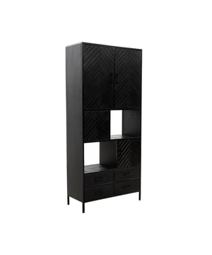 
Kick wandkast Hugo Zwart - 90 cm, Deze hoge wandkast is gemaakt van mangohout met een visgraat patroon die hem een moderne, industriële uitstraling geven Merk: Kick Collection Kleur: Zwart Hoogte: 200 cm Breedte: 90 cm Diepte: 40 cm