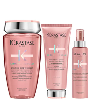 Kérastase Chroma Absolu Trio — Bain Riche 250ml, Fondant Cica Chroma 200ml & Se9rum Chroma Thermique 150ml (for sensitised, colour-treated hair)