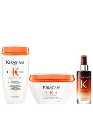 Kérastase Nutritive Trio – Bain Satin 250ml, Masquintense Riche 200ml & 8H Magic Night Serum 90ml for Very Dry Medium-Thick Hair