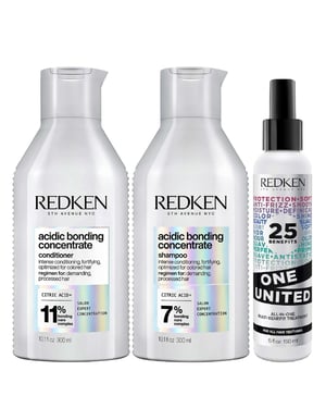 Redken Bond Repair Bundle — Acidic Bonding Concentrate Shampoo 300ml, Conditioner 300ml + One United 150ml