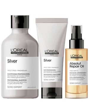 L'Oréal Professionnel Serie Expert Silver Trio – Purple Shampoo 300ml, Silver Conditioner 200ml & 10-in-1 Leave-In Oil 90ml