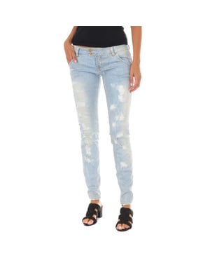 Långa denimbyxor med rippad effekt och smal fåll 10DBF0115 kvinna