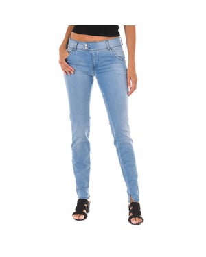 Långa denimbyxor med sliten effekt i elastiskt tyg 70DBF0518 kvinna