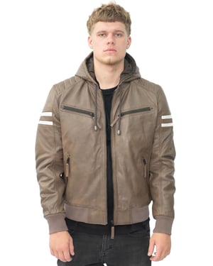 Mens Leather Hooded Retro Bomber Jacket - Skopje
