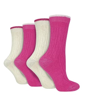 4 Pack Ladies Cable Knit Socks | Wildfeet | Lurex Glitter Socks for Women - Cream/Pink