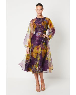 Organza Wrap Waist Puff Sleeve Midi Dress