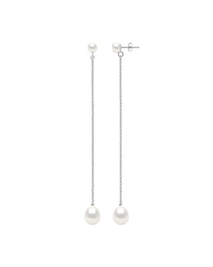 Twee Oorbellen Wit Goud - Echte Cultiveerde Zoetwaterperlen Knop 5-6 mm + Parel 8-9 mm