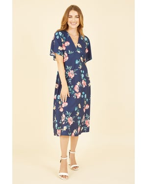 Navy Floral Kimono Midi Dress