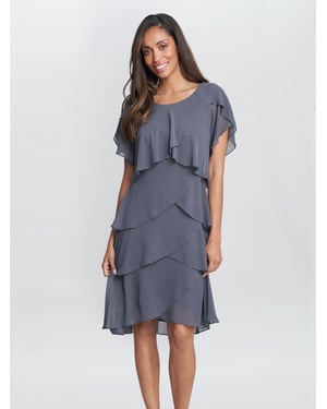 Trysta Bugle Beaded Trim Tiered Cocktail Dress With Flitter Sleeves