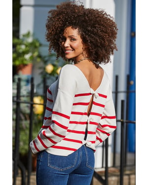 Ivory & Red Stripe Bow Detail Jumper