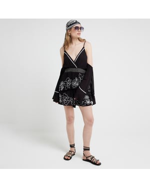 River Island Womens Playsuit Black Embroidered Cold Shoulder